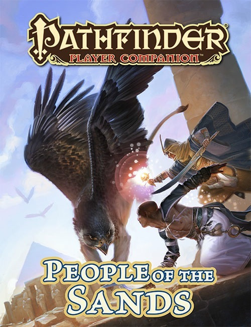 Pathfinder Player Companion: People of the Sands. Two adventurers face off against a four-legged winged beast with a falcon’s head. In the background is a great pyramid.