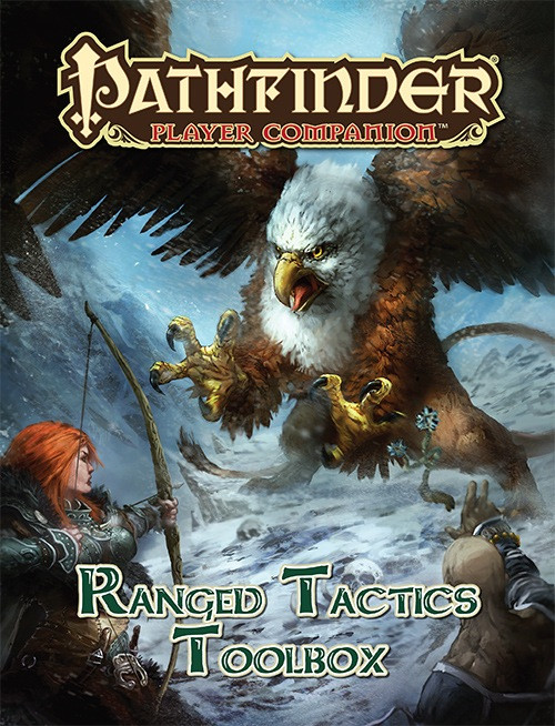 Pathfinder Player Companion Ranged Tactics Toolbox PDF cover features a red-haired archer and giant eagle in a snowy landscape, bold title and subtitle, highlighting tabletop RPG combat strategies for ranged characters and players.