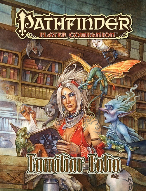 Pathfinder Player Companion: Familiar Folio PDF cover with a woman surrounded by magical creatures and mystical items in a library setting, showcasing a companion featuring red attire and white hair.