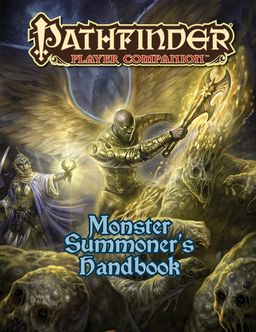 Pathfinder Player Companion: Monster Summoner's Handbook PDF cover features 2 adventurers summoning creatures with staff and glowing orb, surrounded by beasts and yellow lights, 64-pp, PDF format.