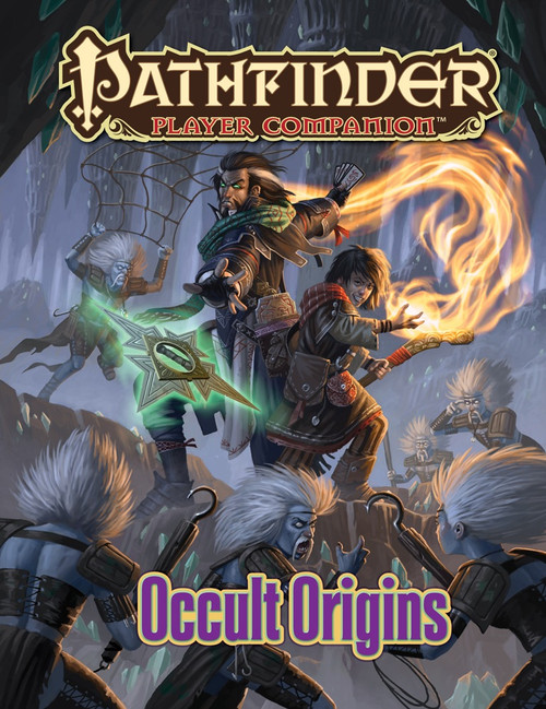 Pathfinder Player Companion Occult Origins PDF cover featuring magical energies, a mystical setting, with glowing green and orange powers, heroic figures, and eerie creatures in a dynamic combat scene, Pathfinder fantasy RPG book cover, PDF format.
