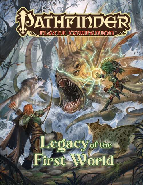 Pathfinder Player Companion: Legacy of the First World PDF, a 6-page PDF by Paizo, featuring fey-themed characters, monsters, and wilderness scenery in a fantasy setting with a large creature and archers in a green cover design.