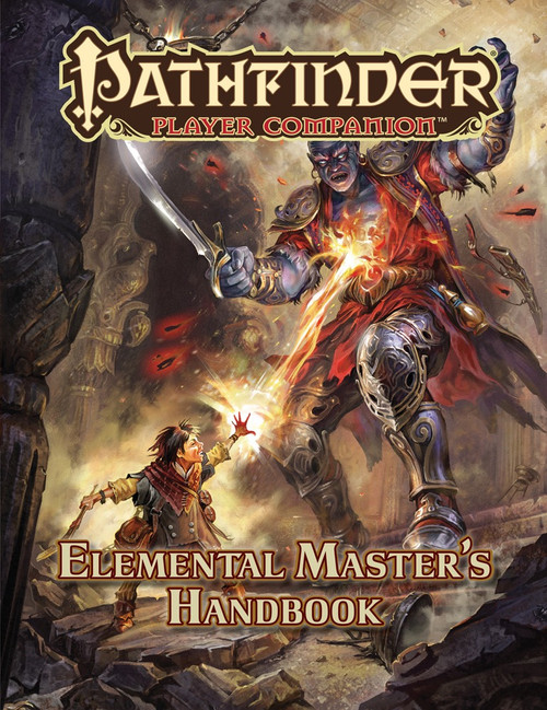 Pathfinder Player Companion Elemental Master's Handbook PDF cover with a fiery background, featuring armored and robed characters harnessing elemental power, showcasing elemental mastery and primal abilities.