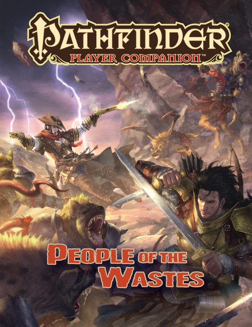 Pathfinder Player Companion: People of the Wastes PDF cover featuring a Pathfinder PDF artwork with a warrior in orange and gold typography, set against a bold background, showcasing a wasteland warrior in a battle-ready stance.