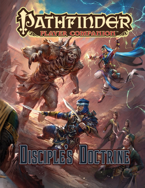 Pathfinder Player Companion: Disciple's Doctrine PDF cover art featuring a detailed illustration of various cults and traditions, including the Esoteric Order of the Palatine Eye and Prophets of Kalistrade, in fantasy setting colors.