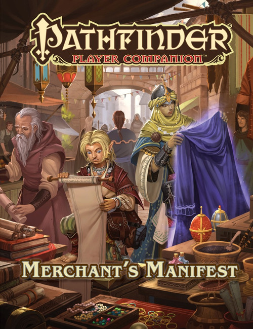 Pathfinder Player Companion: Merchant's Manifest. This product image depicts three people examining wares at a marketplace.