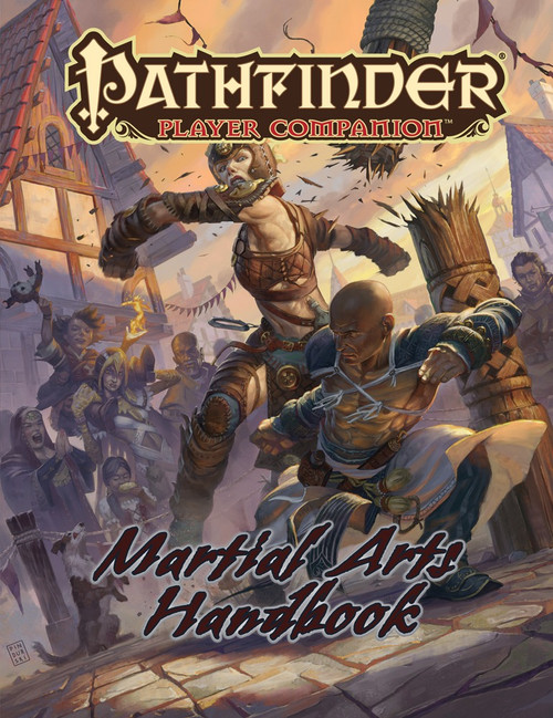 Pathfinder Player Companion: Martial Arts Handbook PDF cover featuring warriors in combat with martial arts techniques, nunchaku, swords, and battle dancers, offering new archetypes, feats, and equipment for adventurers on Golarion and physical prowess in combat.