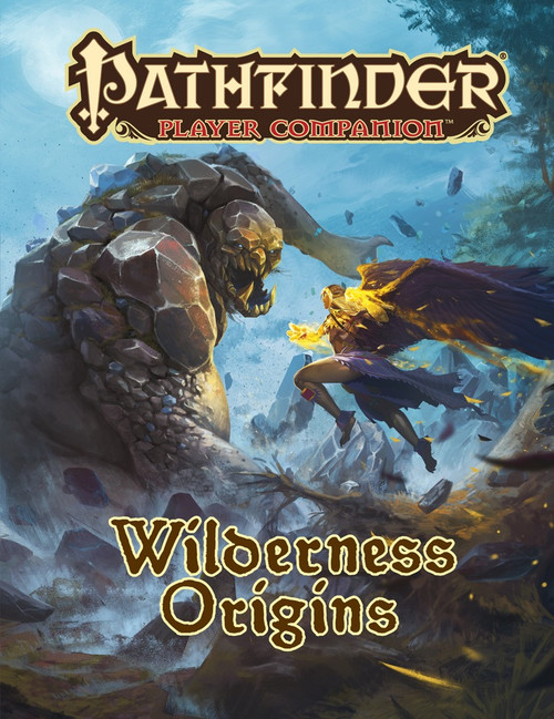 Pathfinder Player Companion: Wilderness Origins PDF, a digital book featuring a stone creature with a person with fire elements, showcasing shifter class options and wilderness magic, a 6-page document.