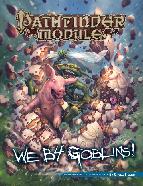 Pathfinder Module: We B4 Goblins! This product image depicts a goblin riding on a pig, smashing through a column.