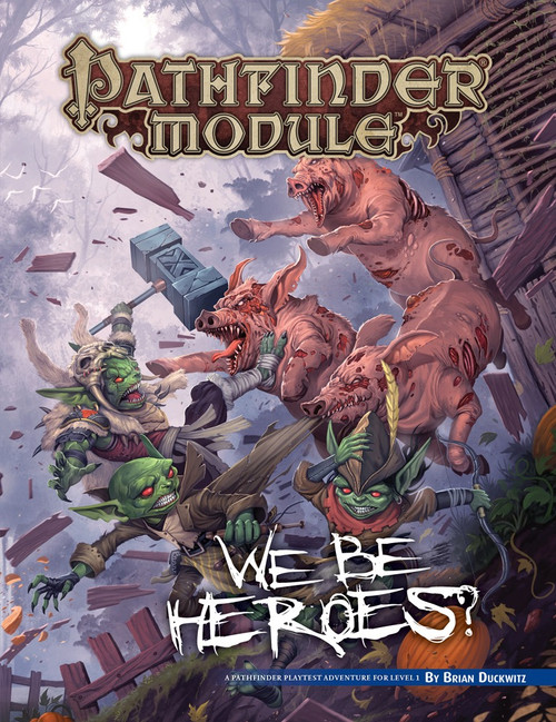 Pathfinder Module: We Be Heroes? This product image depicts a trio of goblins being attacked by a trio of fanged pigs.