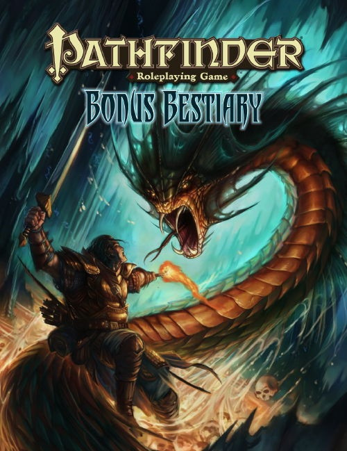 Pathfinder Roleplaying Game: Bonus Bestiary. This product image depicts a hero wielding a sword and torch against a giant snake-like monster.