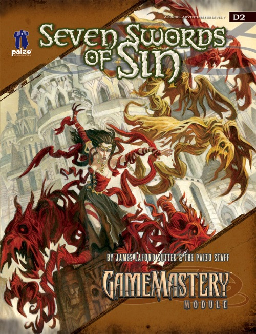 GameMastery Module D-2: Seven Swords of Sin (OGL) PDF cover featuring a dark castle backdrop, a woman battling demonic creatures with swords, suitable for 7th-level fantasy adventure play.
