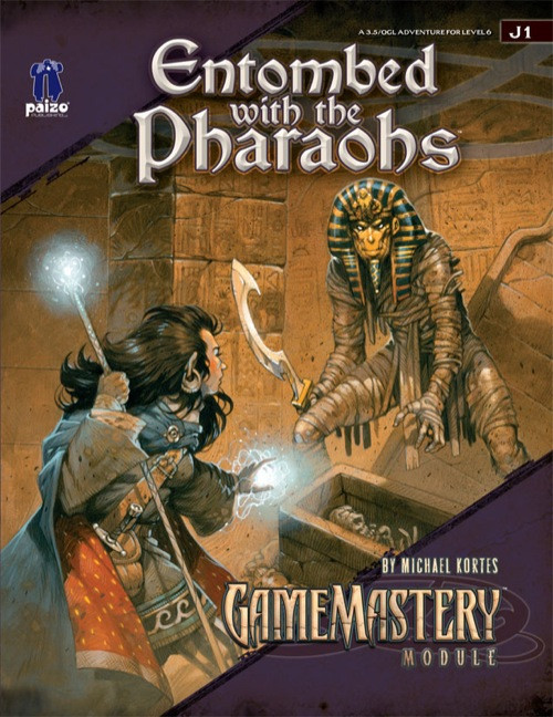 GameMastery Module J1: Entombed with the Pharaohs PDF cover featuring an adventurer in ancient Osirion, with rival treasure hunters, monsters, and deadly traps, written by Michael Kortes for 6th-level characters.