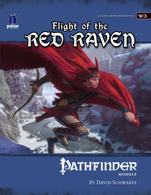 Pathfinder Module W3: Flight of the Red Raven PDF cover features a red-clad character flying over snowy mountains, with title text 'Pathfinder Module W3' and author David Schwartz on a blue background, against a winter setting background.