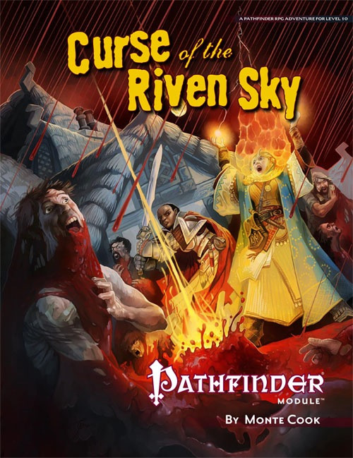 Pathfinder Module: Curse of the Riven Sky. This product depicts two heroes summoning light as blood rains from the sky, to the horror of the town's citizens.