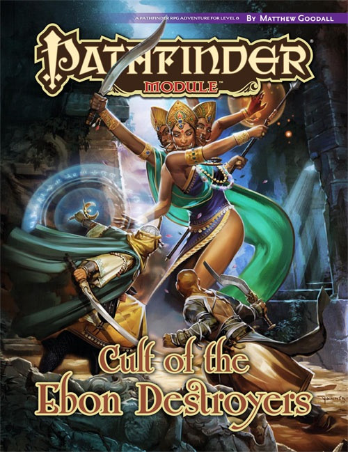 Pathfinder Module: Cult of the Ebon Destroyers PDF cover featuring a fantasy woman with swords and two men in armor, set in mystical realm Jalmeray with dark fantasy elements for 8th-level characters, fantasy game.