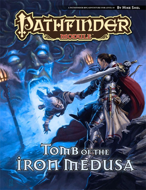 Pathfinder Module: Tomb of the Iron Medusa PDF cover art features a 14th-level character, World's Edge Mountains setting, and a mysterious necropolis, with a warrior in armor and a sword against a backdrop of gold and white lettering.