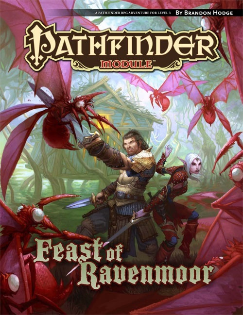 Pathfinder Module: Feast of Ravenmoor PDF, an adventure for 3rd-level characters in Varisia, features 3D-style art of battles, villages, and environments including characters battling giant red bugs and dragons, a digital download by Paizo.