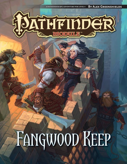 Pathfinder Module: Fangwood Keep PDF cover featuring a dramatic scene with castle walls, warriors, and fantasy artwork by Alex Greenshields, showcasing a Pathfinder RPG, a castle siege game, and bold typography in a PDF format.