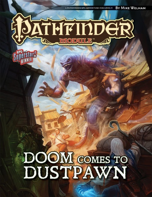 Pathfinder Module: Doom Comes to Dustpawn cover shows an enormous purple humanoid giant with a toothy mouth smashing through a village building while locals and heroes alike run through the village streets in panic.