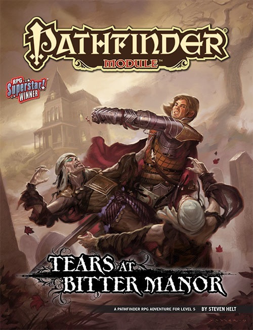 Pathfinder Module Tears at Bitter Manor PDF cover, a dark fantasy scene featuring a man in armor battling a creature amidst a Taldan city backdrop with a foggy house, designed for 5th-level RPG characters.