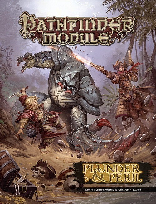 Pathfinder Module Plunder & Peril PDF cover art, a fantasy illustration featuring a cyclops, warrior, and woman amidst palm trees and treasure, set against a purple sky with gold lettering, a legendary adventure game module.