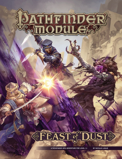 Pathfinder Module: Feast of Dust cover shows a pair of heroes fighting against a demonic-looking wolf-headed humanoid in a rocky desert in front of ancient ruins in the background.