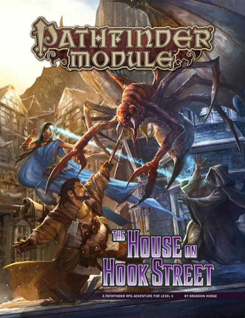 Pathfinder Module: The House on Hook Street cover shows a fight between a pair of heroes and a mysterious cloaked figure and a large flying monster that looks part mosquito, part scorpion, and part bat, all in front of buildings lining a city boardwalk.