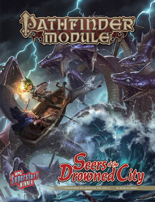 Pathfinder Module Seers of the Drowned City PDF cover showcases a stormy sea with a purple sea monster, boat, and lightning, depicting a flooded swampland scene in a 6x9 inch RPG adventure for levels 1-7 by Nicolas Wasko.