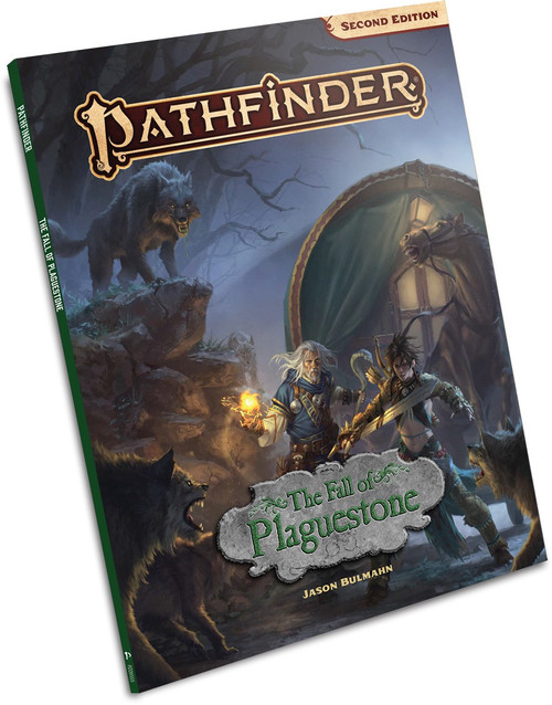 Pathfinder Adventure: The Fall of Plaguestone cover depicting a pair of heroes--a male human wizard and a female human barbarian--facing off against a pack of wolves near a parked wagon in a forest at night.