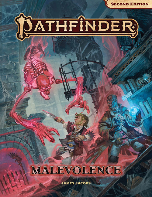 Pathfinder Adventure: Malevolence, by James Jacobs. Cover image depicts a male human investigator and a male halfling bard being attacked by a glowing flying skeletal ghost while exploring the interior of a haunted house.