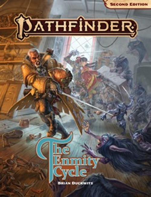 Pathfinder Adventure: The Enmity Cycle, by Brian Duckwitz. Cover depicting a male human investigator and a female human swashbuckler battling a horde of gremlins in a workshop.