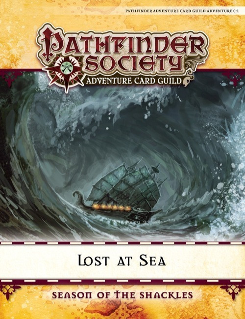 Pathfinder Adventure Card Game Lost at Sea bundle cover, a ship in a stormy sea, showcasing Season of the Shackles series, with Pathfinder logo prominently displayed, for starting characters with six scenarios and Chronicle sheets.