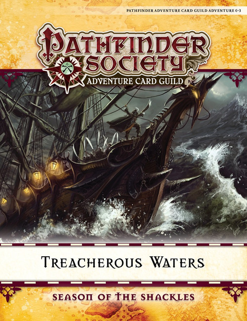 Pathfinder Adventure Card Guild Adventure 0-3: Treacherous Waters PDF cover features a turbulent ship, the Luck of the Draw, with product name and Pathfinder Adventure Card Game logo, for pirate-themed adventure scenarios and treasure hunting gameplay.