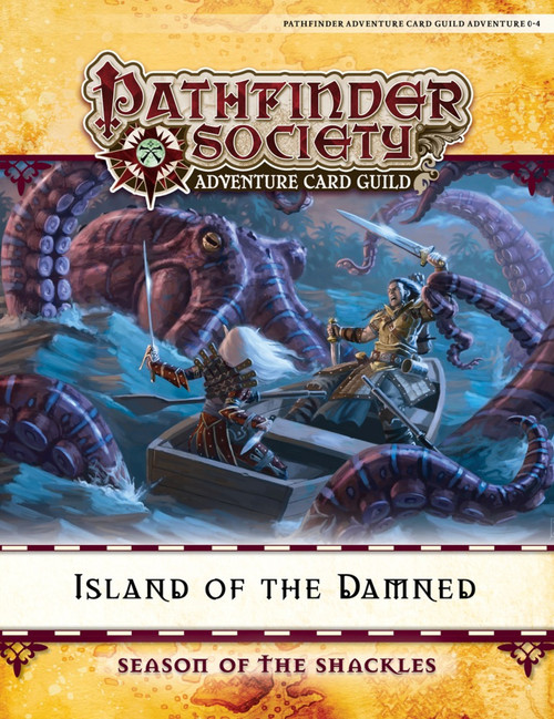 Pathfinder Adventure Card Guild Adventure 0-4: Island of the Damned PDF, yellow background, Pathfinder Adventure Card Game, featuring two warriors battling an octopus on a boat.