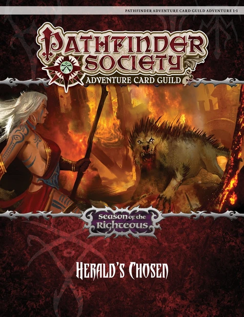 Pathfinder Adventure Card Guild Adventure 1-1 Herald's Chosen PDF, a female warrior with white hair, confronts a demonic creature amidst flames, set against a backdrop of branding and text elements, featuring Pathfinder Adventure Card Game.