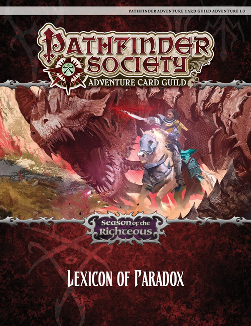 Pathfinder Adventure Card Guild Adventure 1-3: Lexicon of Paradox PDF cover, a knight battling a dragon in Season of the Righteous branding, from Pathfinder Adventure Card Game by Paizo, featuring fantasy characters.