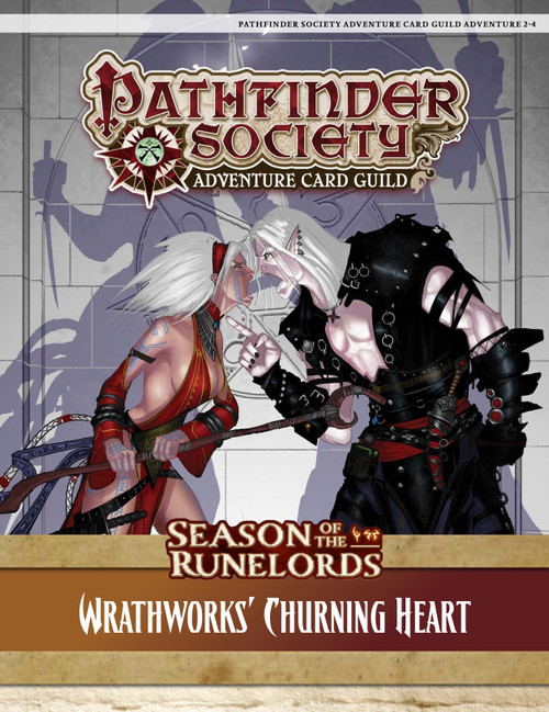 Pathfinder Adventure Card Game official PDF, Wrathworks' Churning Heart, including 5 scenarios and adventure cards, features gray background with purple accents, set against an ominous backdrop, in a downloadable digital format 24x7, by Paizo.