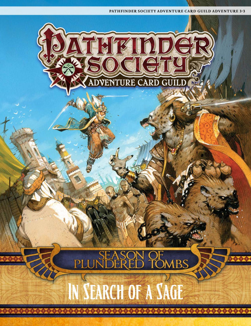 Pathfinder Adventure Card Guild Adventure #3-3, Season of Plundered Tombs, features five scenarios and a fantasy design with warriors and beasts, published by the Pathfinder Adventure Card Game, a popular fantasy card series.