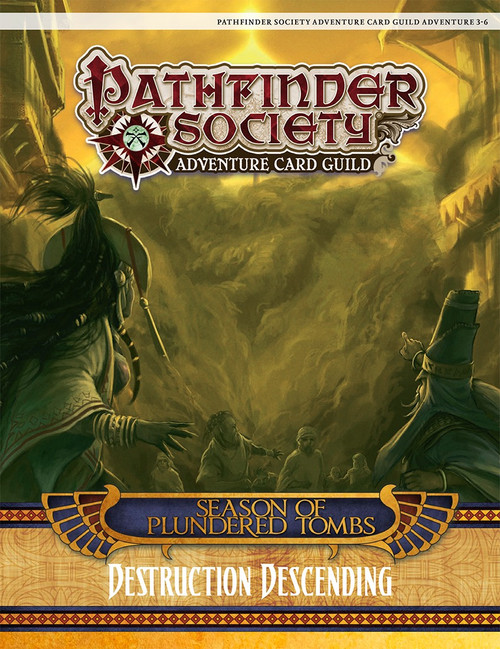 Pathfinder Society Adventure Card Guild Adventure #3-6: Destruction Descending PDF cover shows several humanoid figures standing before a wall of brown fog and dust.