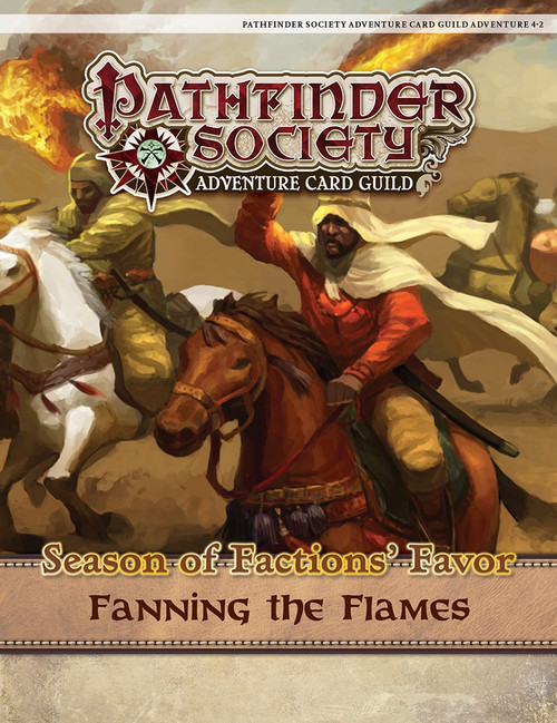 Pathfinder Society Adventure Card Guild #4-2: Fanning the Flames PDF cover shows several robe-clad warriors on horseback, charging through the desert sands with their flaming swords held high.