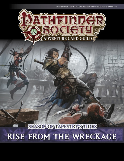 Pathfinder Society Adventure Card Guild #5-4: Rise From the Wreckage PDF cover shows a male human fighter and a female elven rogue swinging on ropes from one sailing ship to the other to attack pirates in the fog.