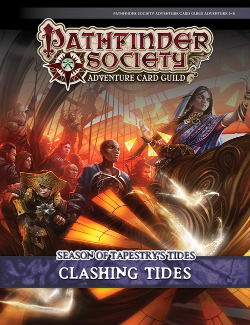 Pathfinder Society Adventure Card Guild #5-6: Clashing Tides PDF cover shows three heroes, a female human psychic, a male human monk, and a female dwarf shaman, at the bow of a sailing ship leading their crew into a fight.