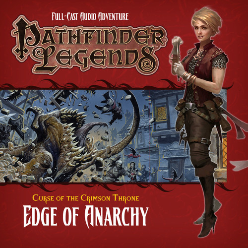 Pathfinder Legends - Curse of the Crimson Throne #1: Edge of Anarchy Download shows a young human woman dressed in leather clothes and holding a knife in the foreground; in the background is a scene of adventurers fighting against a monster with lots of tentacles and a huge fanged mouth that’s just erupted up out of the city street.