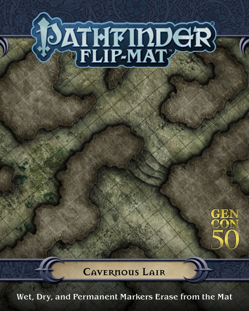 Pathfinder Flip-Mat: Cavernous Lair, a 24in×30in brown and green cave map in 8in×10in folder size by Pathfinder, usable with dry and wet erase markers for dungeon exploration and adventure games.
