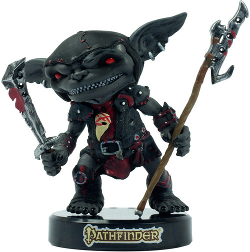 Seventooth Goblin figurine from Pathfinder, 3.25" tall, features intricate details, red accents and removable base, showcasing essential goblin accessories including alternate hands, Dogslicer, Horsechopper, and spear.