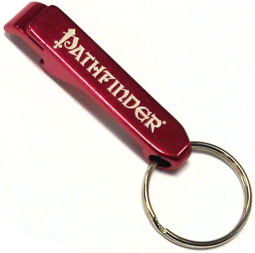 Pathfinder Bottle Opener Red. This metallic red bottle opener has the Pathfinder logo printed on the back in gold, and has a keyring attached.