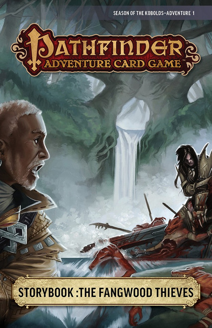 Pathfinder Adventure Card Society, Year 5B: The Fangwood Thieves, a standalone Pathfinder Adventure Card Game adventure featuring a fantasy forest setting with a male and female character in armor battling small scaled creatures.