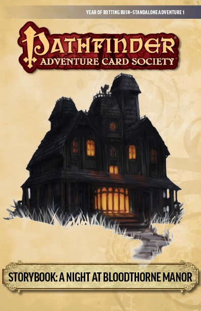 PACS Adventure #1: A Night at Bloodthorne Manor by Pathfinder Adventure Card Game, featuring a dark manor with lit windows on a yellow background, containing an adventure card game scenario bundle.