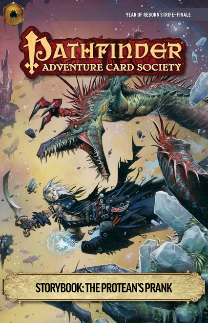 Pathfinder Adventure Card Society #7-99: The Protean's Prank, a fantasy-themed deck,  includes chaotic magic elements,  featuring a large dragon, against a colorful background, requiring the Core Set and the Curse of the Crimson Throne Adventure Path.